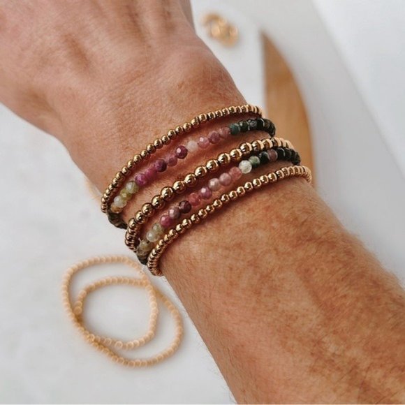 Bundle 2 Gold Beaded elastic Bracelets EASY to wear WATERPROOF Gold Bracelet - Picture 2 of 14